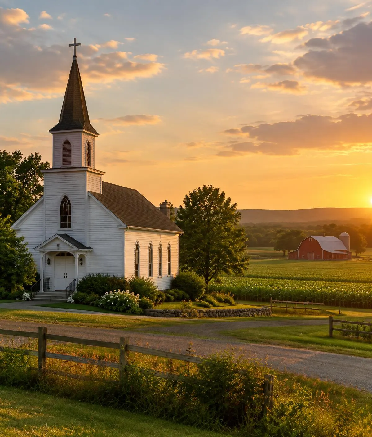 Country church beside farm fields at sunset